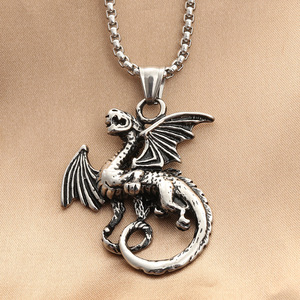 Collier pendentif dragon en acier inoxydable pour homme, style rétro punk, bijoux fantaisie en forme d'animal 280445 - Product Image 1