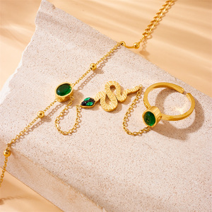 Gold Plated Snake <b>Bracelet</b> <b>Set</b> With Green Stone Open Ring Stainless Steel Chain Animal Design Jewelry For Women - Product Image 3