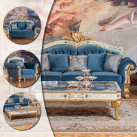 Ensemble de canapés en bois massif de style néo-classique rococo, fauteuils sculptés turcs bleu paon pour mobilier de luxe de grande maison