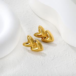 Trendy Stainless Steel Jewelry <b>Stud</b> <b>Earrings</b> Women 18K Gold Plated Chunky Double Layered Heart <b>Earrings</b> for Anniversary - Product Image 3