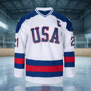 Maillot de hockey sur glace USA pour homme, manches longues, col en V, uniforme d'équipe brodé, rayures blanches, bleues et rouges, 100% polyester respirant - Product Image 2