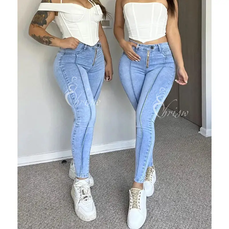 Vertical Line Skinny Jeans women custom mom denim pants plus size colombian high waisted skinny