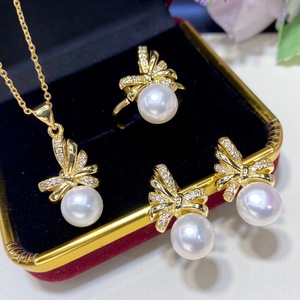 Nuevo diseño 18K chapado en oro cinta arco forma joyería conjunto mujeres lindo agua dulce perla colgante collar pendientes anillo joyería conjunto - Product Image 6