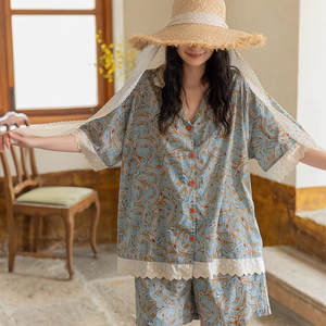 Set Estivo da Casa per Donna, Maniche Corte, Stile Retrò Floreale, Pizzo Sottile, Vita Elastica, <span class=keywords><strong>Jersey</strong></span> Elegante e Dolce, <span class=keywords><strong>Pigiama</strong></span> - Product Image 1