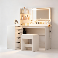 Table de maquillage moderne blanche avec miroir à lumière LED, 5 tiroirs et étagères de rangement, assemblée pour une utilisation dans la chambre à coucher et la salle de bain