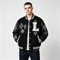 Blouson Bomber Gothique en Laine Fine pour Homme - Noir Brodé Croix Faith Fear Style Hiver Décontracté Réversible Service OEM