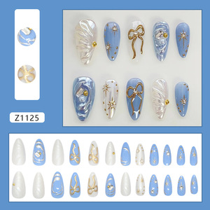 Lot de 24 faux ongles 3D à presser, en ABS, forme amande, bleu et blanc, imprimés, couvrance totale - Product Image 2