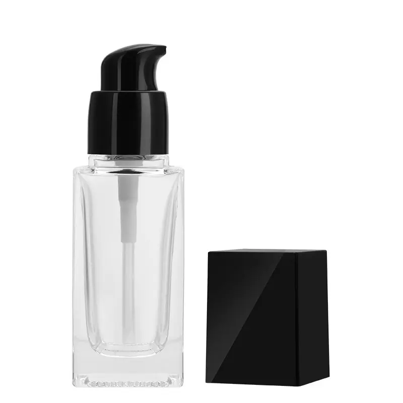 Großhandel Kosmetik verpackung 15ml 20ml 30ml 40ml quadratische klare leere Serum lotion Foundation Glasflasche mit Pumpe