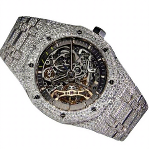 Montre squelette de luxe avec cadran en verre, boîtier en moissanite et acier inoxydable, bracelet à fermoir, résistance à l'eau 10 bars - Product Image 1