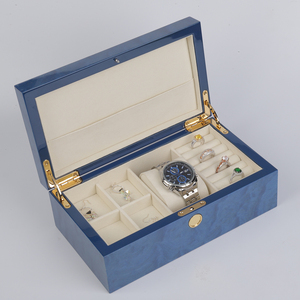 Blue Rectangle Eco-Friendly Handmade Jewelry Box with <b>Watch</b> Compartment Wood Interior Protective Closure Button - Product Image 6
