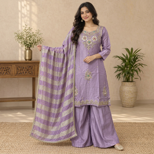 Lavender Embroidered Silk <b>Kurti</b> With Palazzo And Striped Dupatta <b>For</b> <b>Women</b> - Product Image 1