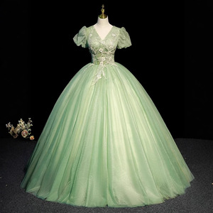 Green Ball Gown V Neck Empire Waist Floral Print Tutu Evening Dress For Coming Of Age Ceremony - Product Image 1