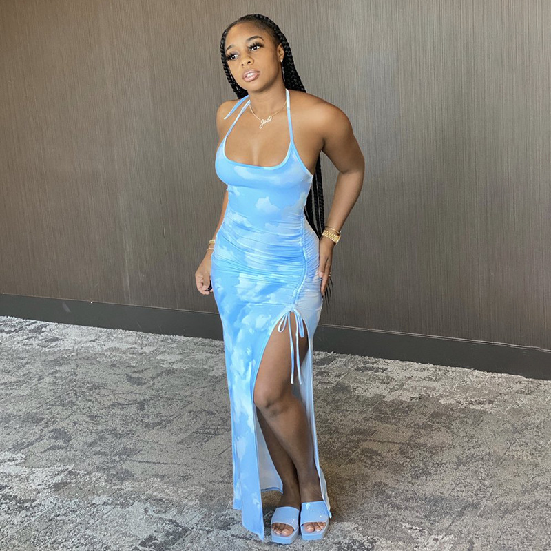 one leg cut dress One Shoulder Cut Out Criss Cross Drawstring Side Split Thigh Dress isabellapparel