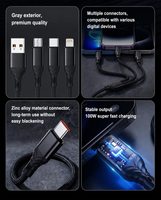 Câble de charge rapide 3 en 1 3 en 2 100W, câble de charge multi-prise en nylon tressé en alliage de zinc pour téléphone portable L Micro USB Type C