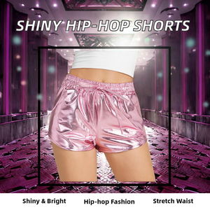 Hot Sale Womens Vintage <b>Elastic</b> Waist Skinny Shiny Bright Pocket Hip-hop Booty Shorts Slim Lace up Dance Outfits - Product Image 2