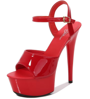 Sandales à talons hauts de 15 cm pour femme, avec bride de cheville, bout ouvert, plateforme, talon épais, couleur rouge, pour la pole dance, idéales pour l'été