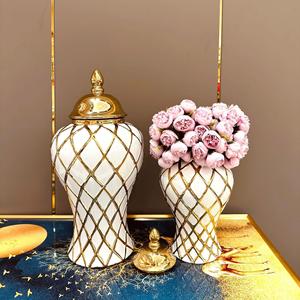 Jarrones de porcelana modernos y de lujo para decoración del hogar, jarrones de suelo <span class=keywords><strong>blanco</strong></span> y dorado acanalado de cerámica, tarros de jengibre - Product Image 3