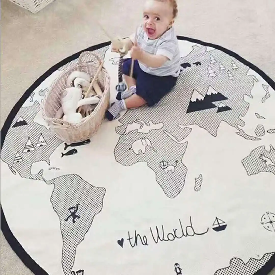 Vente en gros de tapis rond en coton pour chambre d'enfant, tapis de jeu pour bébé, carte du monde, tapis éducatif en toile souple