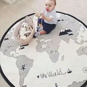 Vente en gros de tapis rond en coton pour chambre d'enfant, tapis de jeu pour bébé, carte du monde, tapis éducatif en toile souple