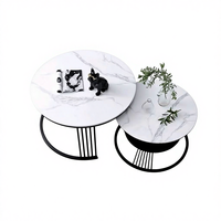 Ensemble de 2 tables basses décoratives modernes, base en métal doré, plateau en pierre frittée, meubles de salon, écologiques, montage facile