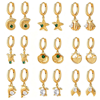 Boucles d'oreilles clous en alliage de cuivre plaqué or 18 carats, thème océan, animaux marins variés, zircon, cadeau tendance pour femme