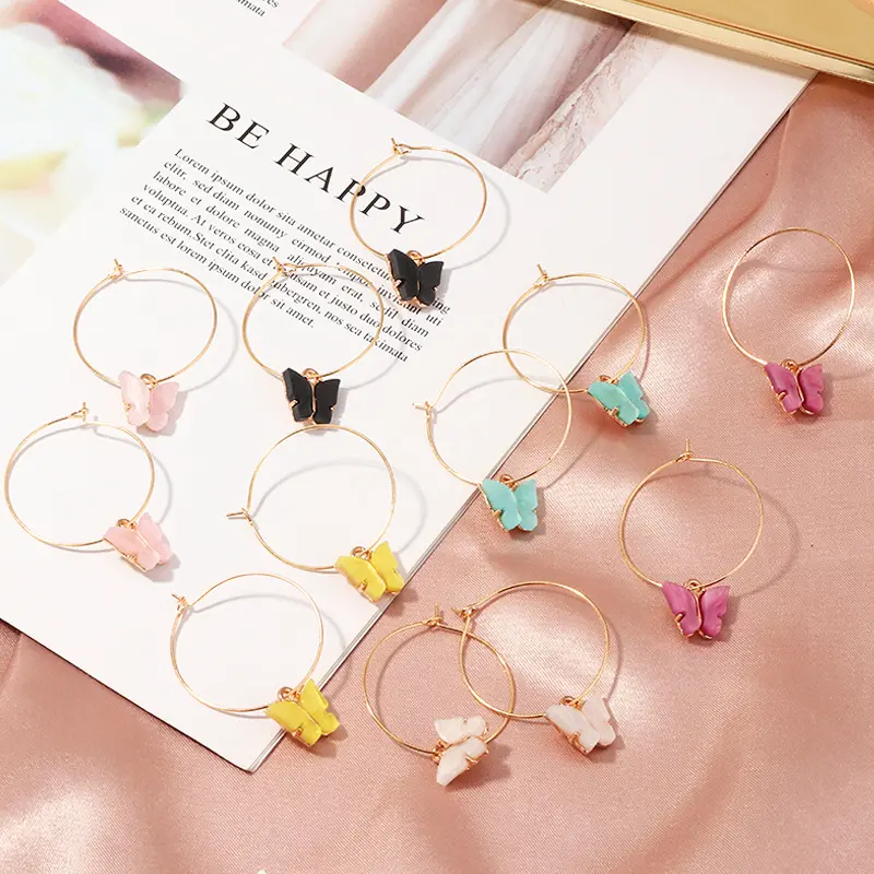 High Quality Women Acrylic Circle Drop Clip Earring Cute Pink Color Fashion Butterfly Wing Tassel Hoop Earrings