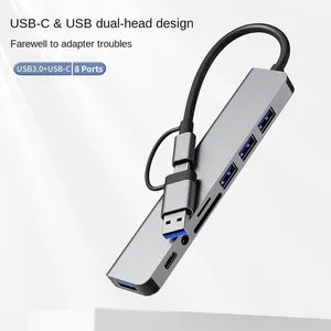 מתאם 7 ב-1 למחשב טלוויזיה אוניברסלי דו-ראשי USB/TYPE C 3.0 רכזת USB PD5W רכזת העברת מכשירים מרובים מסוג usb מסוג c 7in 1