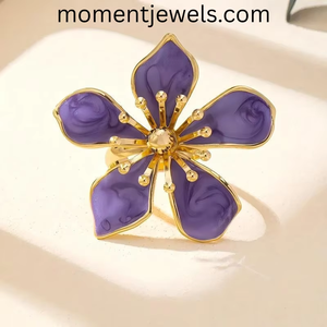 Anillo grueso de esmalte con flores, chapado en oro, colorido, estilo retro, anillo llamativo con diseño floral, joyería de moda para mujer, uso diario. - Product Image 1