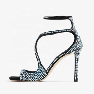 Sandales à bout carré ouvert pour femme, à brides croisées ornées de diamants, talon aiguille scintillant, design de marque, chaussures d'été - Product Image 1