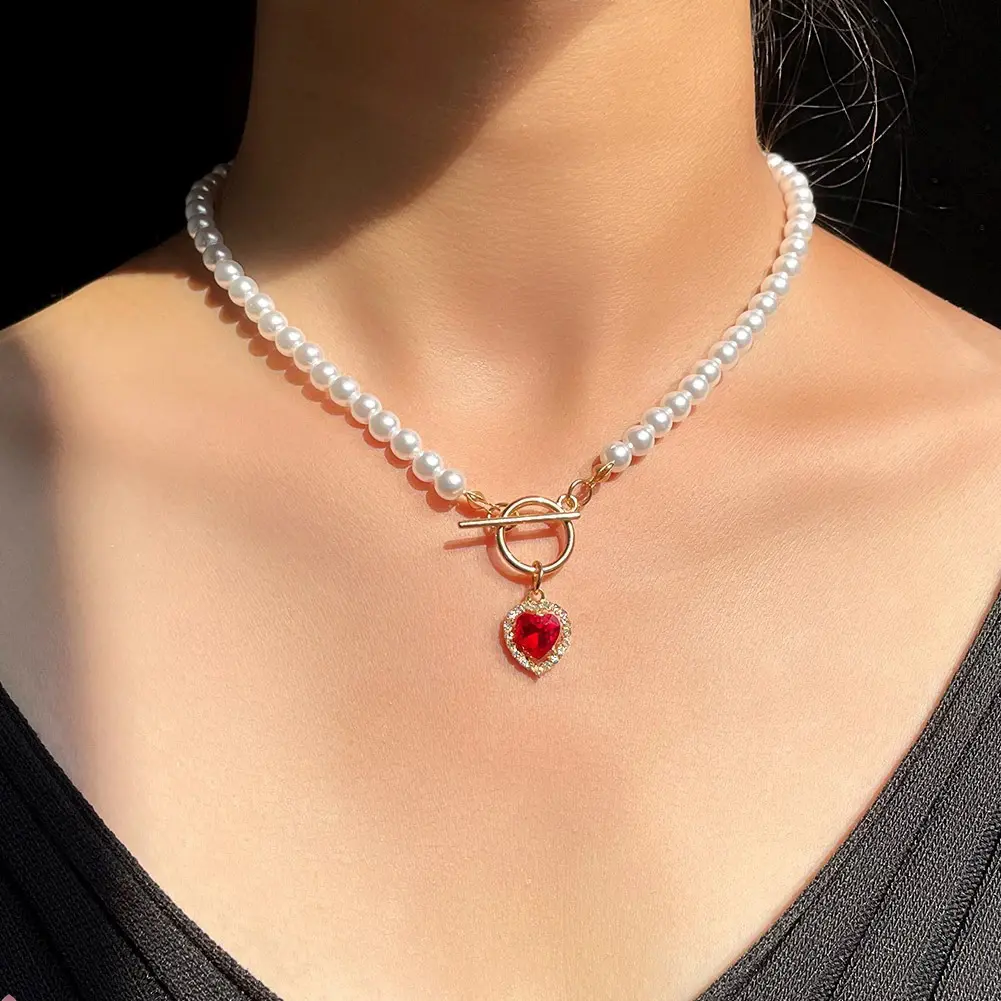 Retro inci boncuk kırmızı kristal elmas kalp kolye kolye hediyeler takı gerdanlık kolye Vintage inci kolye kadınlar için