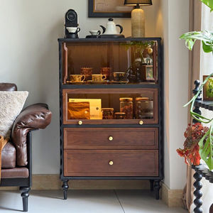 Vintage Solid Wood Living Room <b>Cabinet</b> 76x40x119cm With Glass Doors And Drawers For Display Storage - Product Image 1