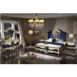 Ensemble de chambre à coucher turc royal <span class=keywords><strong>bleu</strong></span> et or en bois sculpté, mobilier de maison, lit capitonné, tables de chevet élégantes, coiffeuse - Product Image 1