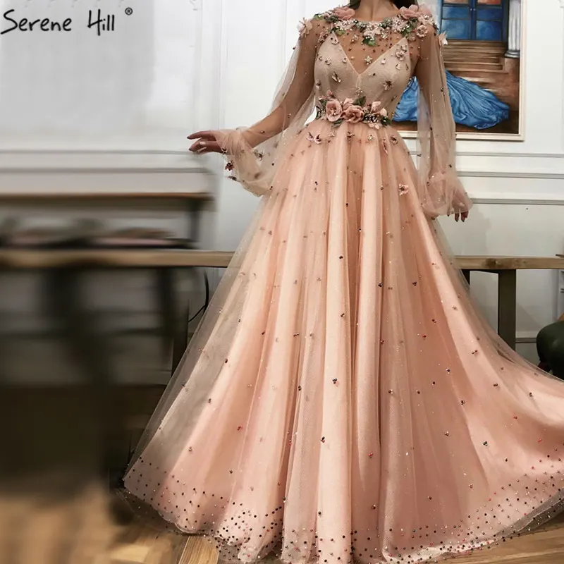 Serene Hill-Vestidos de Noche de manga larga con cuello redondo para mujer, vestidos largos hechos a mano con flores y cordones para fiesta, LA60766