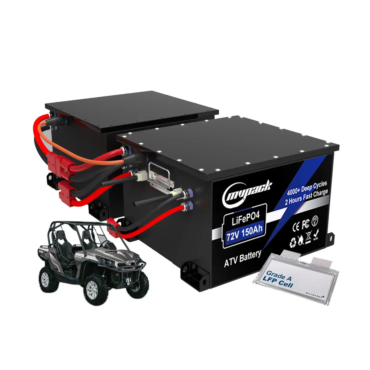 Mvpack carregamento de longa duração, carregamento de segurança, personalizado, ldp, lifepo4, 72v, 150ah, bateria de íon de lítio, para atv