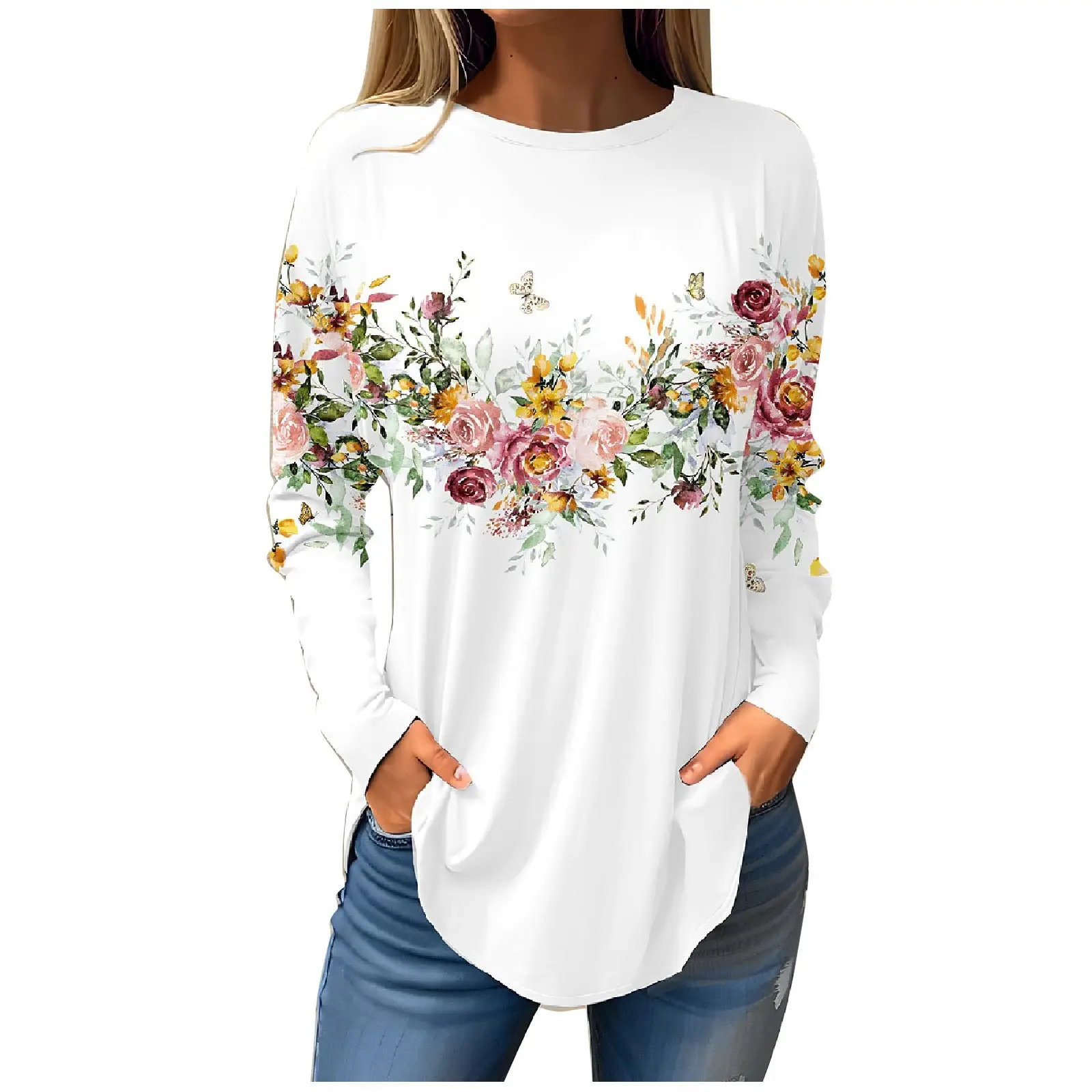 Digitale Bloemenprint Dames T-Shirts Geplooid Lange Mouw Ronde Hals Gebreide Kleding Lente Zomer Casual T-Shirts Voor Dames