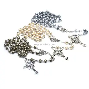 Catholic Prayers 6mm Glass Beads with Virgin Mary Jesus Cross Religious Women Necklace Rosary Jewelry