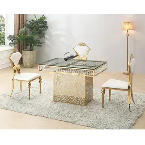 Mesa de jantar de metal dourado de cristal, mesa de jantar com design exclusivo de vidro temperado