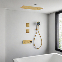 Ensemble de douche cascade HONGDEC en laiton brossé doré non revêtu avec jets latéraux, douchette à main et système de douche thermostatique encastré au plafond