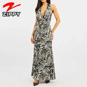 Customized Women Sexy Backless <strong>Zebra</strong> <strong>Print</strong> Halter Deep V-Neck Dress Stylish Elegant Evening Parties Maxi Dress - Product Image 2