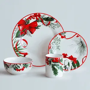 16pcs porcelain round dinner set with Christmas printing design, ceramic plate dinnerware