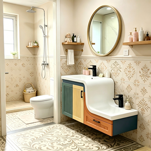 Ensemble de salle de bain double en pierre artificielle avec lavabo haut-<span class=keywords><strong>bas</strong></span> simple et rangement, idéal pour la famille - Product Image 6