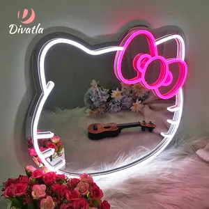 Penjualan terlaris cermin rias dengan lampu untuk kamar mandi rumah cermin dekoratif Hello Kitty Led Neon cermin kustom