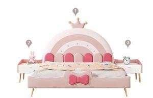Cama Infantil Cake Princess, Tamaño Completo, Madera, Tapicería de Algodón, Cómoda, Moderna, Diseño de Bloques de Color Rosa Arcoíris para Niñas - Product Image 5