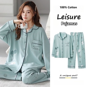 Pigiama da Donna Confortevole in Cotone Primavera Autunno a Maniche Lunghe con Tasche <span class=keywords><strong>Abbigliamento</strong></span> da Casa Taglie Forti Morbido con Colletto a Revers - Product Image 3