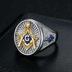 Freemason Men's <b>Ring</b> <b>Titanium</b> Steel Gold Plated Blue Inlay Geometric Design Gift Jewelry - Product Image 2