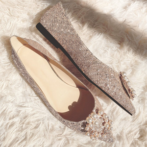 2025 Nieuwe Dames Zomer Bruiloft Instappers Platte Schoenen Parel Spitse Teen Lage Hak Ondiepe Mond Kristal Pailletten - Product Image 2