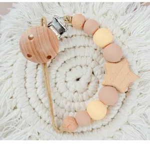 New Design BPA Free Wooden Silicon Bead Chain Teething Toy Customised Wooden Soother Clip For Babies