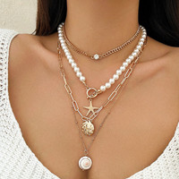 SC plage perlé collier en couches Imitation perle collier décoration étoile de mer coquille Vintage vacances collier pour les femmes