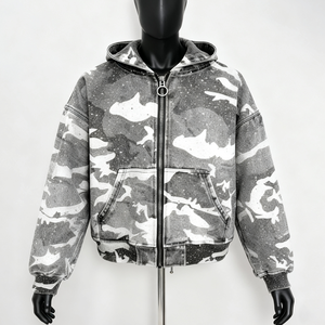 Tùy Chỉnh Thời Trang Đường Phố Mặt Trời Faded Heavyweight 500 GSM Camo Baggy Quá Khổ Bling Tất Cả Rhinestone Zip up Hoodies - Product Image 1