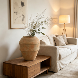 Urne en poterie Wabi Sabi aux tons terreux, à compartiments, avec rainures de séparation pressées à la main, accessoire de décoration minimaliste pour showroom de designer - Product Image 3